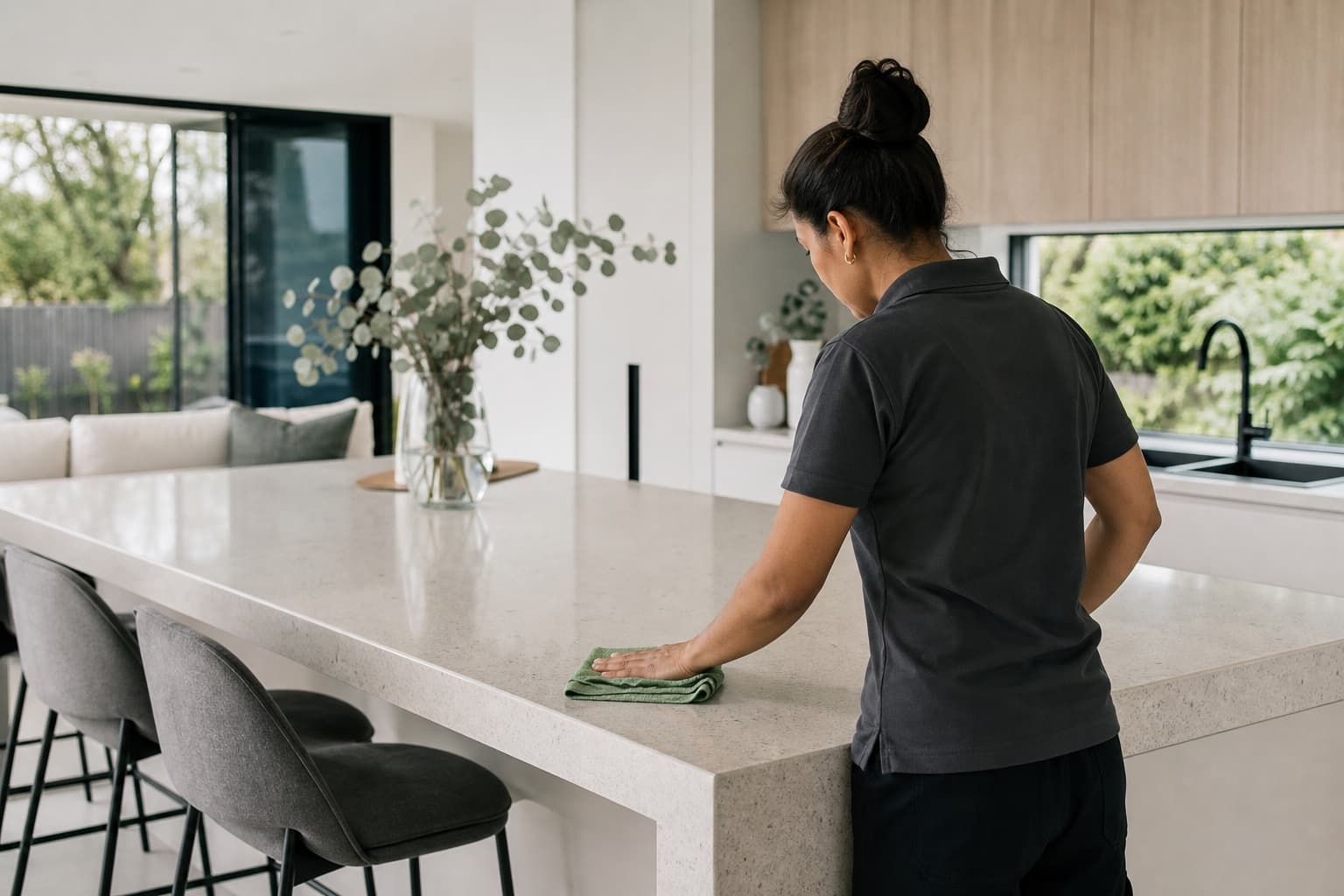 A professional cleaner wiping a stone kitchen island in a Melbourne home