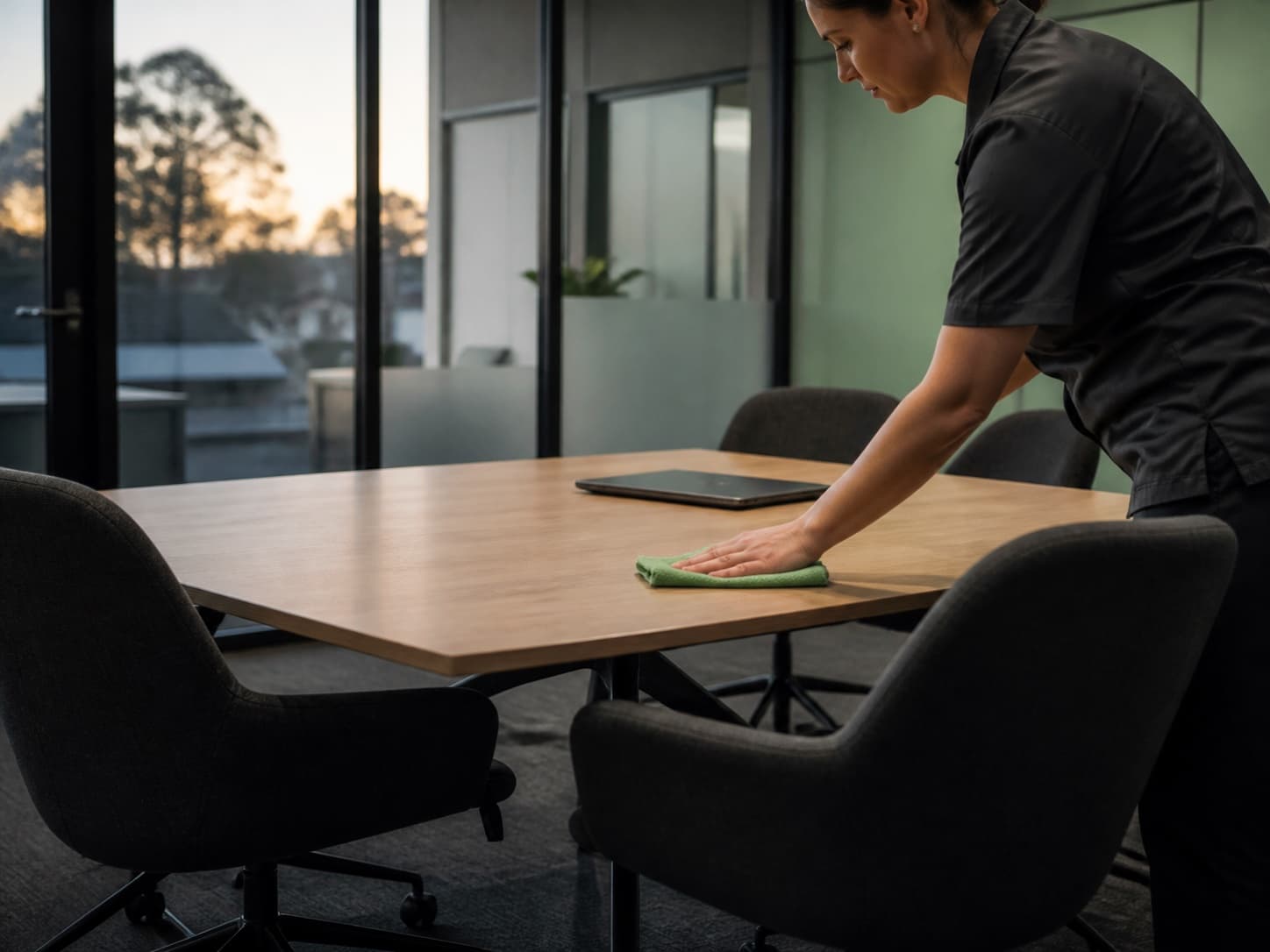 A professional cleaner wiping a meeting table in a small office